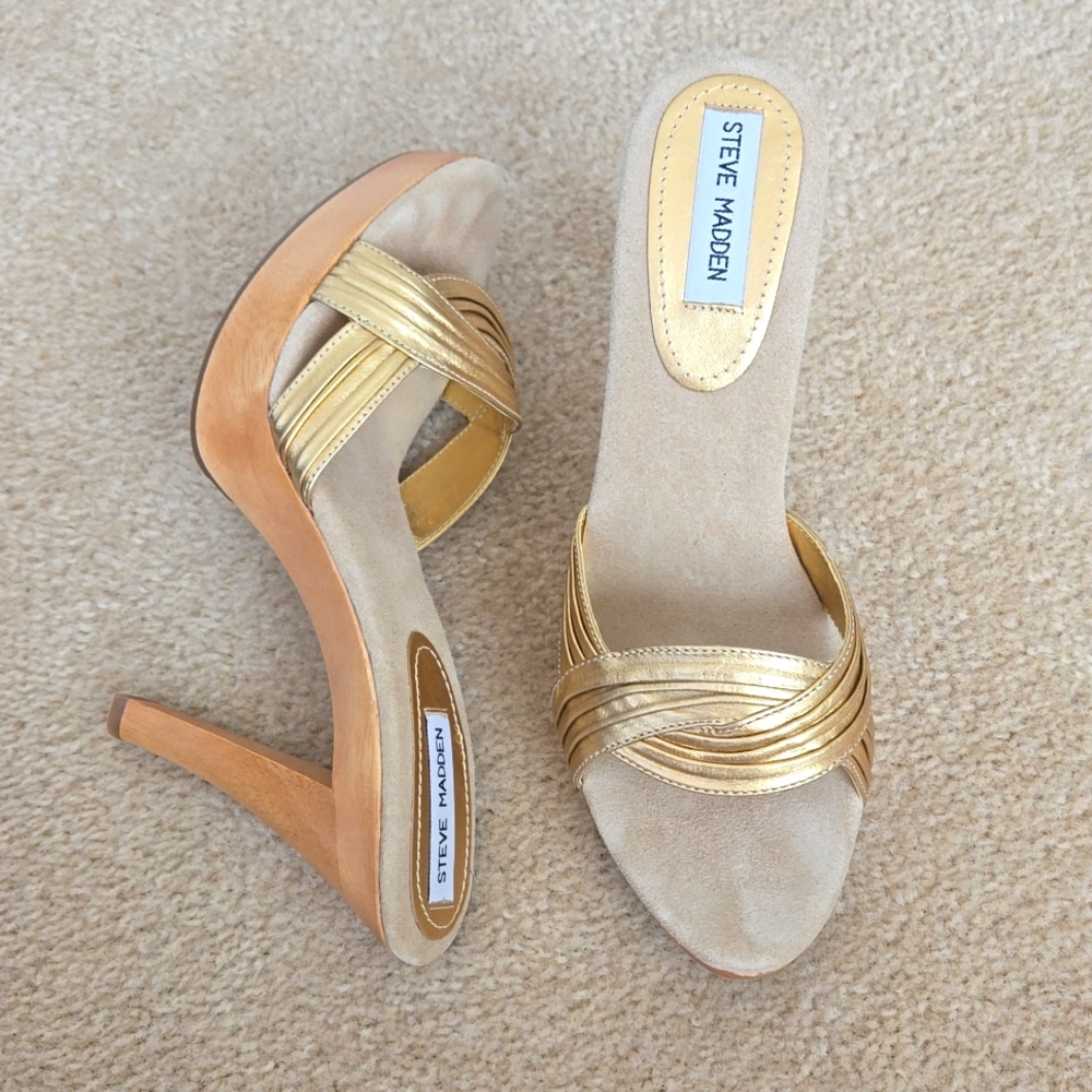 NWT! Steve Madden "Facade" Platform Heels Gold and Natural (10)